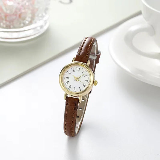 Luxury Women’s Leather Quartz Watch – Minimalist Roman Dial