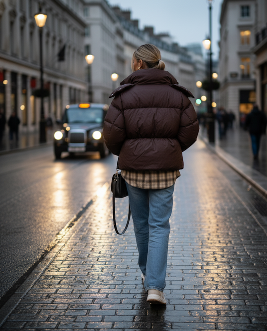 Women’s Brown Hooded Cotton Coat – Warm Loose Short Jacket with Lapel, Zipper & Button Closure for Winter Street Style