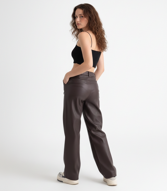 Fall Winter Fleece-Lined Leather Pants – High Waist Wide-Leg Straight Fit