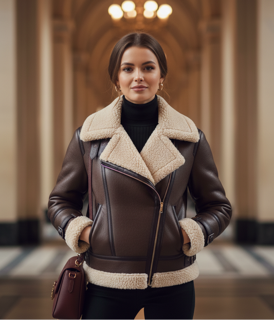 Women's thick, warm, vintage-style imitation sheepskin jacket with long sleeves and a belt at the hem.