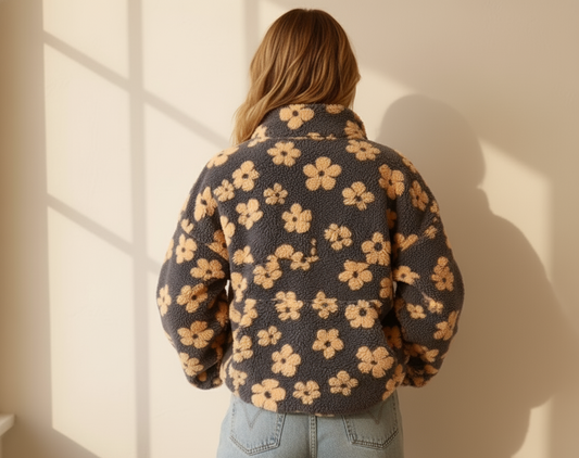 Ticketsx Women’s Floral Print Lamb Wool Zip Hoodie – Loose Casual Autumn Coat