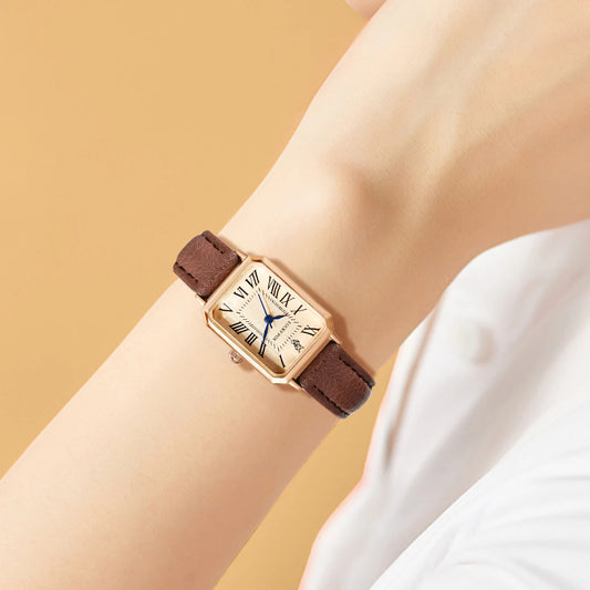 Retro Square Digital Leather Watch – Women’s Quartz Timepiece