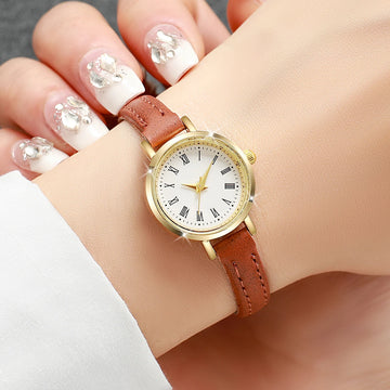 Luxury Women’s Leather Quartz Watch – Minimalist Roman Dial
